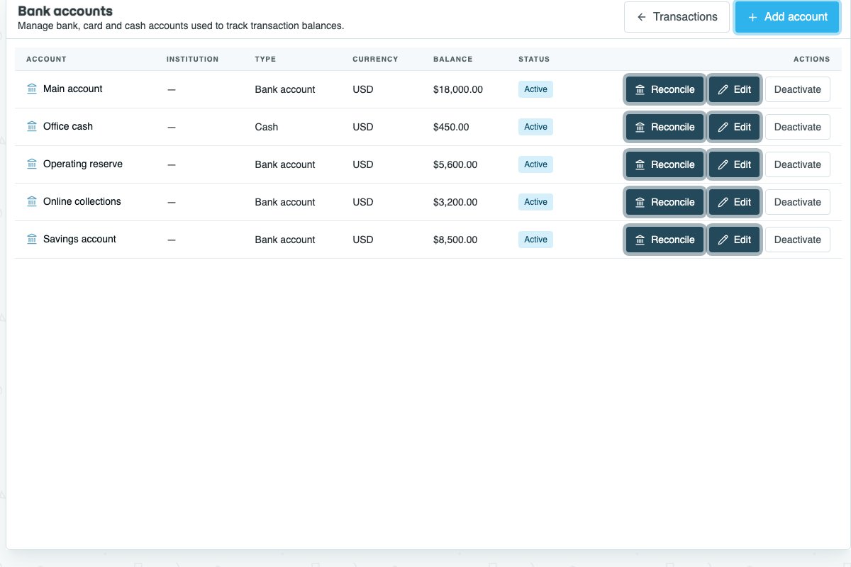 Example screen: Bank accounts