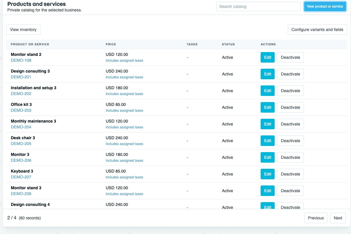 Example screen: Products and services